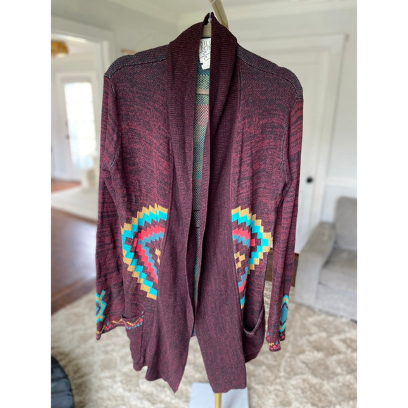 Billabong Aztec Knit Sweater Cardigan Open Front Tribal Boho Maroon M Cali Surf - Picture 2 of 9